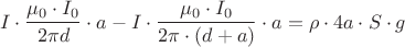 $$ I \cdot \frac{{ \mu _0  \cdot I_0 }}
{{2\pi d}} \cdot a - I \cdot \frac{{ \mu _0  \cdot I_0 }}
{{2\pi \cdot \left( {d + a} \right)}} \cdot a = \rho  \cdot 4a \cdot S \cdot g$$