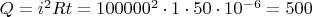 $Q=i^2Rt=100 000^2\cdot 1\cdot 50\cdot 10^{-6}=500$