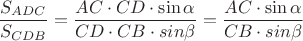 $\dfrac{S_{ADC}}{S_{CDB}}=\dfrac{AC\cdot CD\cdot \sin\alpha}{CD\cdot CB\cdot sin\beta}=\dfrac{AC\cdot \sin\alpha}{CB\cdot sin\beta}$