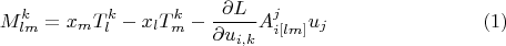 $$M_{lm}^k=x_m T_l^k - x_l T_m^k - \frac{\partial L}{\partial u_{i,k}}A^j_{i[lm]}u_j\eqno{(1)}$$