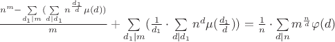 $\frac{n^m-\sum\limits_{d_1|m}^{}(\sum\limits_{d|d_1}^{}n^{\frac{d_1}{d}}\mu(d))}{m}+\sum\limits_{d_1|m}^{}(\frac{1}{d_1}\cdot\sum\limits_{d|d_1}^{}n^{d}\mu(\frac{d_1}{d}))=\frac{1}{n}\cdot\sum\limits_{d|n}^{}m^{\frac{n}{d}}\varphi(d)$