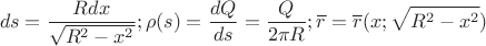 $$ds=\dfrac{Rdx}{\sqrt{R^{2}-x^{2}}};\rho(s)=\dfrac{dQ}{ds}=\dfrac{Q}{2\pi R};\overline r = \overline r(x;\sqrt{R^{2}-x^{2}})$$