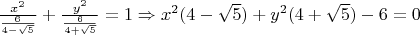 $\frac {x^2} {\frac {6} {4-\sqrt{5}}} + \frac {y^2} {\frac {6} {4 + \sqrt{5}}} = 1 \Rightarrow x^2(4-\sqrt{5}) + y^2(4+\sqrt{5}) - 6=0$