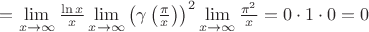 $=\lim\limits_{x\to\infty}\frac{\ln x}{x} \lim\limits_{x\to\infty}\left(\gamma\left(\frac{\pi}{x}\right)\right)^2  \lim\limits_{x\to\infty} \frac{\pi^2}{x}=0\cdot 1 \cdot 0 = 0$