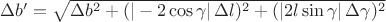 $\Delta b'=\sqrt{\Delta b^2+(|-2\cos\gamma|\,\Delta l)^2+(|2l\sin\gamma|\,\Delta\gamma)^2}$