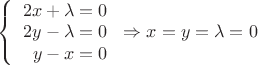 $\left\{
\begin{array}{rcl}
2x+\lambda=0 \\
2y-\lambda=0 \\
y-x=0 \\
\end{array}
\right. \Rightarrow x=y=\lambda=0$