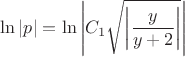 $$\ln|p|=\ln\left|C_1\sqrt{\left|\frac y{y+2}\right|}\right|$$