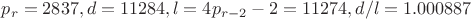 $p_r=2837, d=11284, l=4p_{r-2}-2=11274, d/l=1.000887$