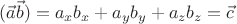 $$(\vec{a} \vec{b})=a_x b_x+ a_y b_y+ a_z b_z=\vec {c}$$ $$(\vec{a} \vec{b})=a_x b_x+ a_y b_y+ a_z b_z=\vec {c}$$