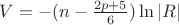 $V=-(n-\frac{2p+5}6)\ln|R|$