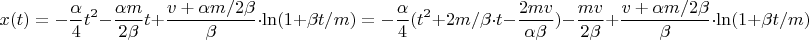 $$x(t)=-\frac{\alpha}{4}t^2-\frac{\alpha m}{2\beta}t+\frac{v+\alpha m/2\beta}{\beta}\cdot\ln(1+\beta t/m)=-\frac{\alpha}{4}(t^2+2m/\beta\cdot t-\frac{2mv}{\alpha\beta})-\frac{mv}{2\beta}+\frac{v+\alpha m/2\beta}{\beta}\cdot\ln(1+\beta t/m)$$