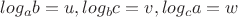 $log_{a}b=u, log_{b}c=v, log_{c}a=w$