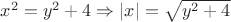 $x^2 = y^2 + 4 \Rightarrow 
 \left\lvert x \right\rvert = \sqrt{y^2 + 4}$
