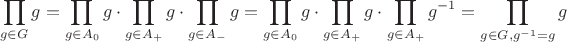 $$\prod\limits_{g \in G}g = 
\prod\limits_{g \in A_0}g \cdot  \prod\limits_{g \in A_+}g \cdot  \prod\limits_{g \in A_-}g
= \prod\limits_{g \in A_0}g \cdot  \prod\limits_{g \in A_+}g \cdot  \prod\limits_{g \in A_+}g^{-1}
= \prod\limits_{g \in G, g^{-1}=g}g$$