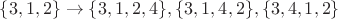 $\{3,1,2\}\to\{3,1,2,4\},\{3,1,4,2\},\{3,4,1,2\}$