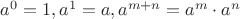 $a^0=1,a^1=a,a^{m+n}=a^m\cdot a^n$