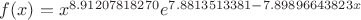 $f(x)=x^{8.91207818270}e^{7.8813513381-7.89896643823x}$