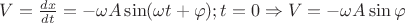 $V = \frac {dx} {dt} = - \omega A \sin({\omega t + \varphi});t=0 \Rightarrow V= -\omega A \sin \varphi$
