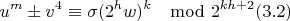 $$u^m\pm v^4\equiv \sigma (2^hw)^k \mod 2^{kh+2} (3.2)$$