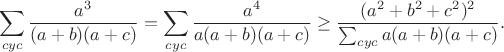 $$\sum_{cyc}\frac{a^3}{(a+b)(a+c)}=\sum_{cyc}\frac{a^4}{a(a+b)(a+c)}\geq\frac{(a^2+b^2+c^2)^2}{\sum_{cyc}a(a+b)(a+c)}.$$