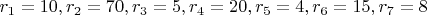 $r_1=10 Ом,r_2=70 Ом,r_3=5 Ом,r_4=20 Ом,r_5=4 Ом,r_6=15 Ом,r_7=8 Ом$