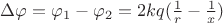 $\Delta\varphi = \varphi_1 - \varphi_2 = 2kq(\frac{1}{r}-\frac{1}{x})$