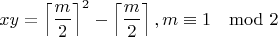 $$xy=\left\lceil\frac{m}{2}\right\rceil^2-\left\lceil\frac{m}{2}\right\rceil, m\equiv 1\mod 2$$