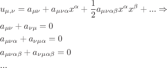 $$\begin{gathered}  u_{\mu ,\nu }  = a_{\mu \nu }  + a_{\mu \nu \alpha } x^\alpha   + \frac{1}{2}a_{\mu \nu \alpha \beta } x^\alpha  x^\beta   + ... \Rightarrow  \hfill \\  a_{\mu \nu }  + a_{\nu \mu }  = 0 \hfill \\
  a_{\mu \nu \alpha }  + a_{\nu \mu \alpha }  = 0 \hfill \\  a_{\mu \nu \alpha \beta }  + a_{\nu \mu \alpha \beta }  = 0 \hfill \\  ... \hfill \\ 
\end{gathered} $$