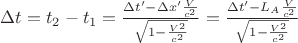$\Delta t=t_2-t_1= \frac {\Delta t&rsquo;-\Delta x&rsquo;\frac {V}{c^2}}{\sqrt{1-\frac {V^2}{c^2}}}=\frac {\Delta t&rsquo;-L_A\frac {V}{c^2}}{\sqrt{1-\frac {V^2}{c^2}}} $