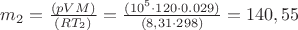 $m_2 = \frac{(pVM)}{(RT_2)} = \frac{(10^5\cdot120\cdot0.029)}{(8,31\cdot298 )}= 140,55 $