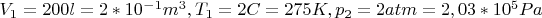 $V_1 = 200 l = 2*10^-^1 m^3, T_1 = 2C = 275K, p_2 = 2 atm = 2,03*10^5 Pa$