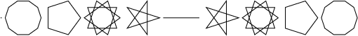 $$\begin{tikzpicture}\draw [black, thin](1.4700,0.0000) -- (1.5,0.0000);\draw [black, thin](2.6000,0.0000) -- (2.5045,0.2939) -- (2.2545,0.4755) -- (1.9455,0.4755) -- (1.6955,0.2939) -- (1.6000,0.0000) -- (1.6955,-0.2939) -- (1.9455,-0.4755) -- (2.2545,-0.4755) -- (2.5045,-0.2939) -- (2.6000,0.0000);\draw [black, thin](3.7000,0.0000) -- (3.3545,0.4755) -- (2.7955,0.2939) -- (2.7955,-0.2939) -- (3.3545,-0.4755) -- (3.7000,-0.0000) -- (3.3545,0.4755) -- (2.7955,0.2939) -- (2.7955,-0.2939) -- (3.3545,-0.4755) -- (3.7000,0.0000);\draw [black, thin](4.8000,0.0000) -- (4.1455,0.4755) -- (3.8955,-0.2939) -- (4.7045,-0.2939) -- (4.4545,0.4755) -- (3.8000,0.0000) -- (4.4545,-0.4755) -- (4.7045,0.2939) -- (3.8955,0.2939) -- (4.1455,-0.4755) -- (4.8000,0.0000);\draw [black, thin](5.9000,0.0000) -- (4.9955,0.2939) -- (5.5545,-0.4755) -- (5.5545,0.4755) -- (4.9955,-0.2939) -- (5.9000,0.0000) -- (4.9955,0.2939) -- (5.5545,-0.4755) -- (5.5545,0.4755) -- (4.9955,-0.2939) -- (5.9000,0.0000);\draw [black, thin](7.0000,0.0000) -- (6.0000,0.0000) -- (7.0000,0.0000) -- (6.0000,0.0000) -- (7.0000,0.0000) -- (6.0000,0.0000) -- (7.0000,0.0000) -- (6.0000,0.0000) -- (7.0000,0.0000) -- (6.0000,0.0000) -- (7.0000,0.0000);\draw [black, thin](8.1000,0.0000) -- (7.1955,-0.2939) -- (7.7545,0.4755) -- (7.7545,-0.4755) -- (7.1955,0.2939) -- (8.1000,0.0000) -- (7.1955,-0.2939) -- (7.7545,0.4755) -- (7.7545,-0.4755) -- (7.1955,0.2939) -- (8.1000,0.0000);\draw [black, thin](9.2000,0.0000) -- (8.5455,-0.4755) -- (8.2955,0.2939) -- (9.1045,0.2939) -- (8.8545,-0.4755) -- (8.2000,0.0000) -- (8.8545,0.4755) -- (9.1045,-0.2939) -- (8.2955,-0.2939) -- (8.5455,0.4755) -- (9.2000,0.0000);\draw [black, thin](10.3000,0.0000) -- (9.9545,-0.4755) -- (9.3955,-0.2939) -- (9.3955,0.2939) -- (9.9545,0.4755) -- (10.3000,-0.0000) -- (9.9545,-0.4755) -- (9.3955,-0.2939) -- (9.3955,0.2939) -- (9.9545,0.4755) -- (10.3000,0.0000);\draw [black, thin](11.4000,0.0000) -- (11.3045,-0.2939) -- (11.0545,-0.4755) -- (10.7455,-0.4755) -- (10.4955,-0.2939) -- (10.4000,0.0000) -- (10.4955,0.2939) -- (10.7455,0.4755) -- (11.0545,0.4755) -- (11.3045,0.2939) -- (11.4000,0.0000);\end{tikzpicture}$$