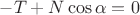 $-T+N\cos\alpha=0$