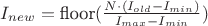 $I_{new}=\text{\rm floor}(\frac{N\cdot(I_{old}-I_{min})}{I_{max}-I_{min}})$