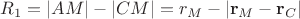 $R_1 = |AM| - |CM| = r_M - |\mathbf r_M - \mathbf r_C|$
