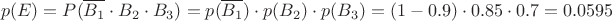 $$p(E) = P(\overline{B_{1}} \cdot B_{2} \cdot B_{3})= p(\overline{B_{1}}) \cdot p(B_{2})  \cdot p(B_{3}) = (1-0.9) \cdot 0.85 \cdot 0.7 = 0.0595$$