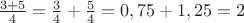 $\frac{3 + 5} {4} = \frac{3}{4} + \frac{5}{4} = 0,75 + 1,25 = 2$