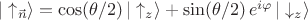 $|\uparrow_{\vec{n}}\rangle = \cos(\theta /2)\,|\uparrow_z\rangle + \sin(\theta/2)\,e^{i\varphi}\,|\downarrow_z\rangle $
