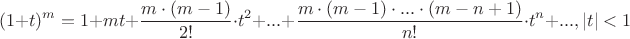 $$(1+t)^m = 1+mt + \frac{m \cdot (m-1)}{2!} \cdot t^2 + ... + \frac{m \cdot (m-1) \cdot ... \cdot (m-n+1)}{n!} \cdot t^n+..., |t|<1$$