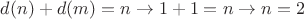 $d(n)+d(m)=n \to 1+1=n\to n=2$ $d(n)+d(m)=n \to 1+1=n\to n=2$