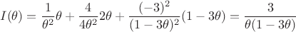 $$
I(\theta) = \frac{1}{\theta^2}\theta + \frac{4}{4\theta^2}2\theta + \frac{(-3)^2}{(1 - 3\theta)^2}(1 - 3\theta) = \frac{3}{\theta(1 - 3\theta)}
$$
