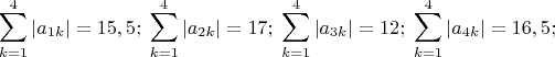 $$\sum_{k=1}^4 | a_{1k}| = 15,5; \;
\sum_{k=1}^4 | a_{2k}| = 17; \;
\sum_{k=1}^4 | a_{3k}| = 12; \;
\sum_{k=1}^4 | a_{4k}| = 16,5; \; 
$$