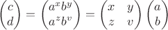 $$\begin{pmatrix}c\\d\end{pmatrix}=\begin{pmatrix}a^xb^y\\a^zb^v\end{pmatrix}=\begin{pmatrix}x&y\\z&v\end{pmatrix}\begin{pmatrix}a\\b\end{pmatrix}$$ $$\begin{pmatrix}c\\d\end{pmatrix}=\begin{pmatrix}a^xb^y\\a^zb^v\end{pmatrix}=\begin{pmatrix}x&y\\z&v\end{pmatrix}\begin{pmatrix}a\\b\end{pmatrix}$$
