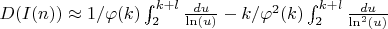 $D(I(n)) \approx 1/\varphi(k) \int_{2}^{k+l} \frac {du}{\ln(u)}-k/\varphi^2(k) \int_{2}^{k+l} \frac {du}{\ln^2(u)}$