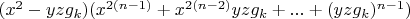 $(x^2-y z g_k)(x^{2 (n-1)}+x^{2 (n-2)} y z g_k+...+(y z g_k)^{n-1})$