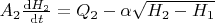 $A_{2} \frac{\mathrm{d} H_{2}}{\mathrm{d} t}=Q_{2}-\alpha\sqrt{H_{2}-H_{1}}$