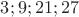 $3;9;21;27$