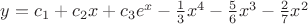 $y = c_1+c_2x+c_3e^x -\frac{1}{3}x^4-\frac{5}{6}x^3-\frac{2}{7}x^2$
