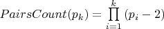 $PairsCount(p_k) = \prod\limits_{i=1}^k{(p_i - 2)}$