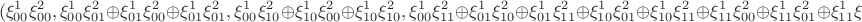 $$(\xi_{00}^1\xi_{00}^{2},\xi_{00}^{1}\xi_{01}^{2}\oplus \xi_{01}^{1}\xi_{00}^{2}\oplus\xi_{01}^{1}\xi_{01}^{2},\xi_{00}^{1}\xi_{10}^{2}\oplus \xi_{10}^{1}\xi_{00}^{2}\oplus\xi_{10}^{1}\xi_{10}^{2},\xi_{00}^{1}\xi_{11}^{2}\oplus\xi_{01}^{1}\xi_{10}^{2}\oplus\xi_{01}^{1}\xi_{11}^{2}\oplus\xi_{10}^{1}\xi_{01}^{2}\oplus\xi_{10}^{1}\xi_{11}^{2}\oplus\xi_{11}^{1}\xi_{00}^{2}\oplus\xi_{11}^{1}\xi_{01}^{2}\oplus\xi_{11}^{1}\xi_{10}^{2}\oplus\xi_{11}^{1}\xi_{11}^{2}).$$